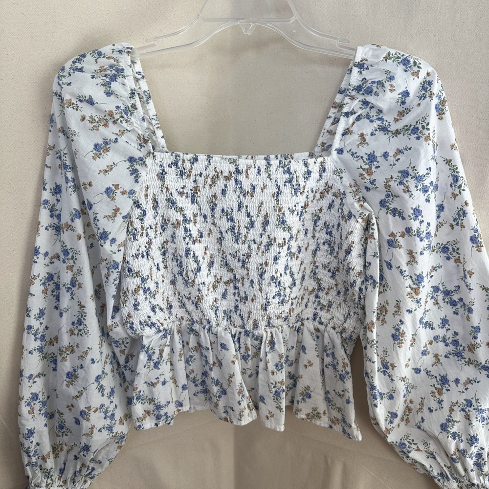 DIZZY lizzy Square Neck Floral Smocked Peplum Top Sz S‎ White L/S Peasant Boho - Picture 3 of 10